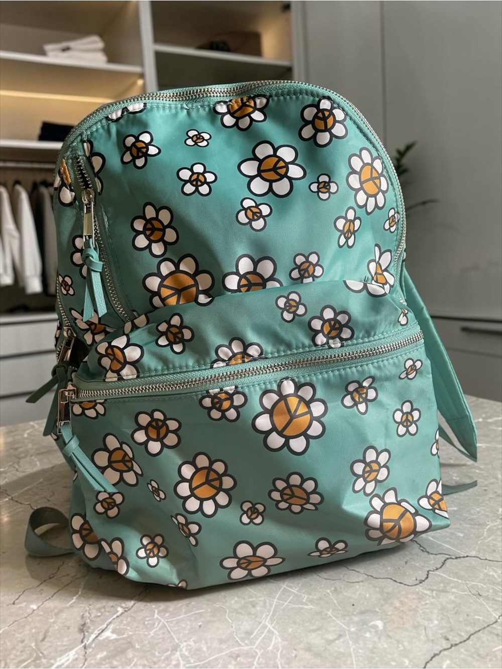 No Boundaries Women's Dome Backpack Green Peace Sign Floral Print